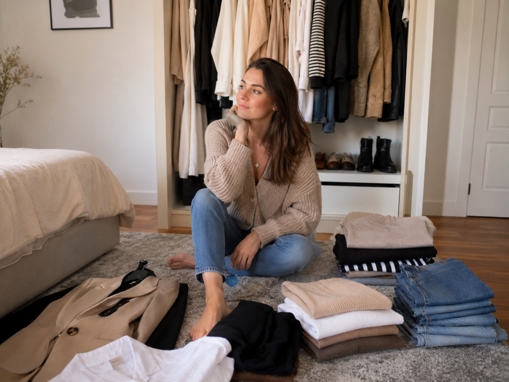 Woman reviewing clothes from her wardrobe to better define her personal style.