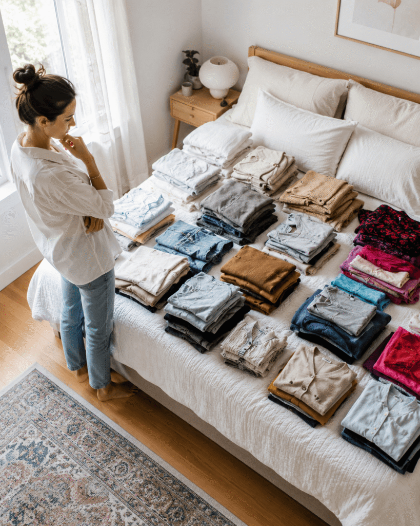 Woman thoughtfully sorting piles of clothes on her bed during a wardrobe declutter.