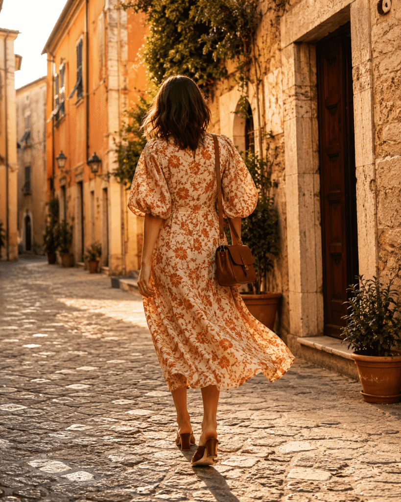 Woman walking on a sunlit European cobblestone street wearing a midi dress and low block-heeled leather mules.