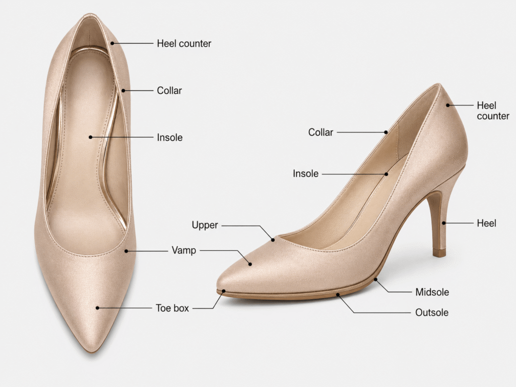 Labeled infographic showing the main parts of a women’s high heel shoe, including upper, vamp, toe box, insole, outsole and heel.