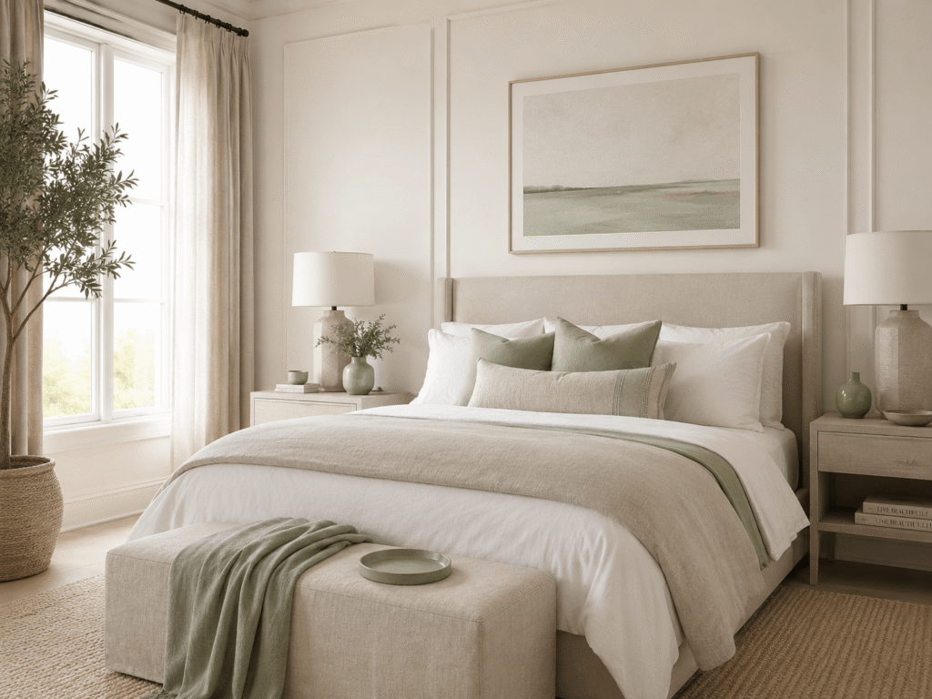 A bedroom styled using a disciplined three-colour palette of warm white, sage green and natural linen for a cohesive luxury look