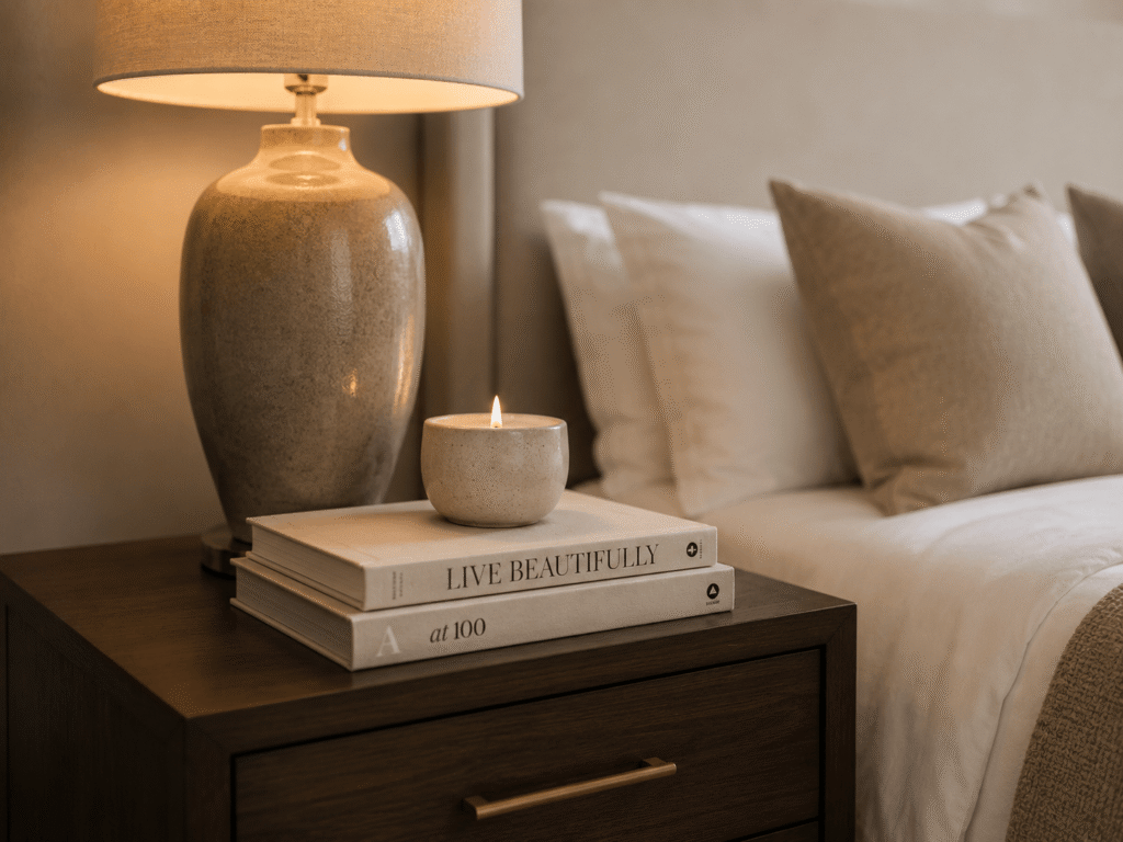 A styled bedside table with a lamp, stack of books and candle grouped in three — demonstrating the rule of odd numbers in bedroom styling