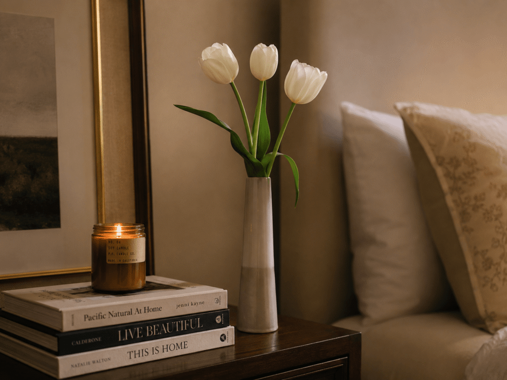 A slim vase with three white tulips on a styled bedside table, adding life and a luxury feel to a budget bedroom