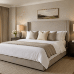 A luxury bedroom styled on a budget with white linen bedding, warm bedside lamps and a neutral colour palette