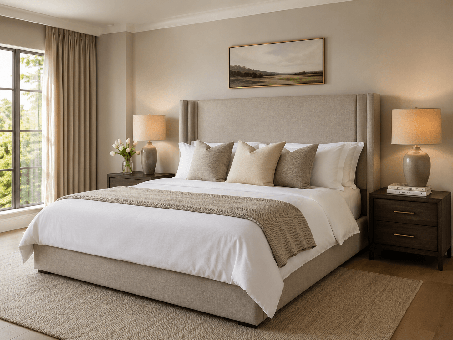 A luxury bedroom styled on a budget with white linen bedding, warm bedside lamps and a neutral colour palette