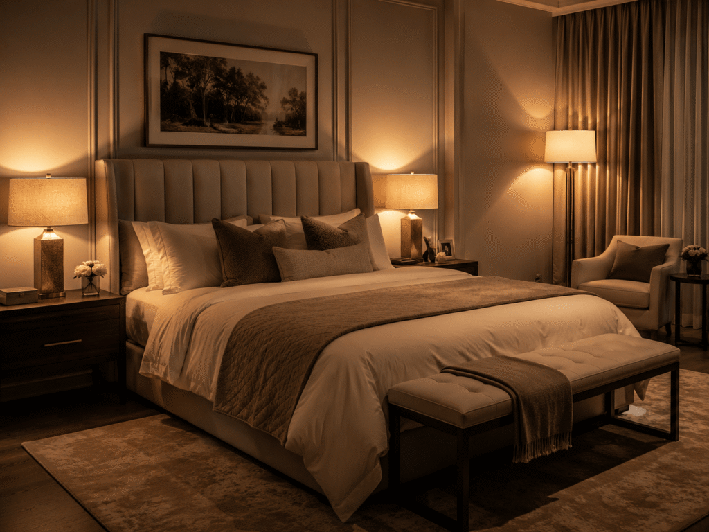 A bedroom styled with layered warm lighting — two bedside lamps and a floor lamp creating an intimate hotel-like atmosphere