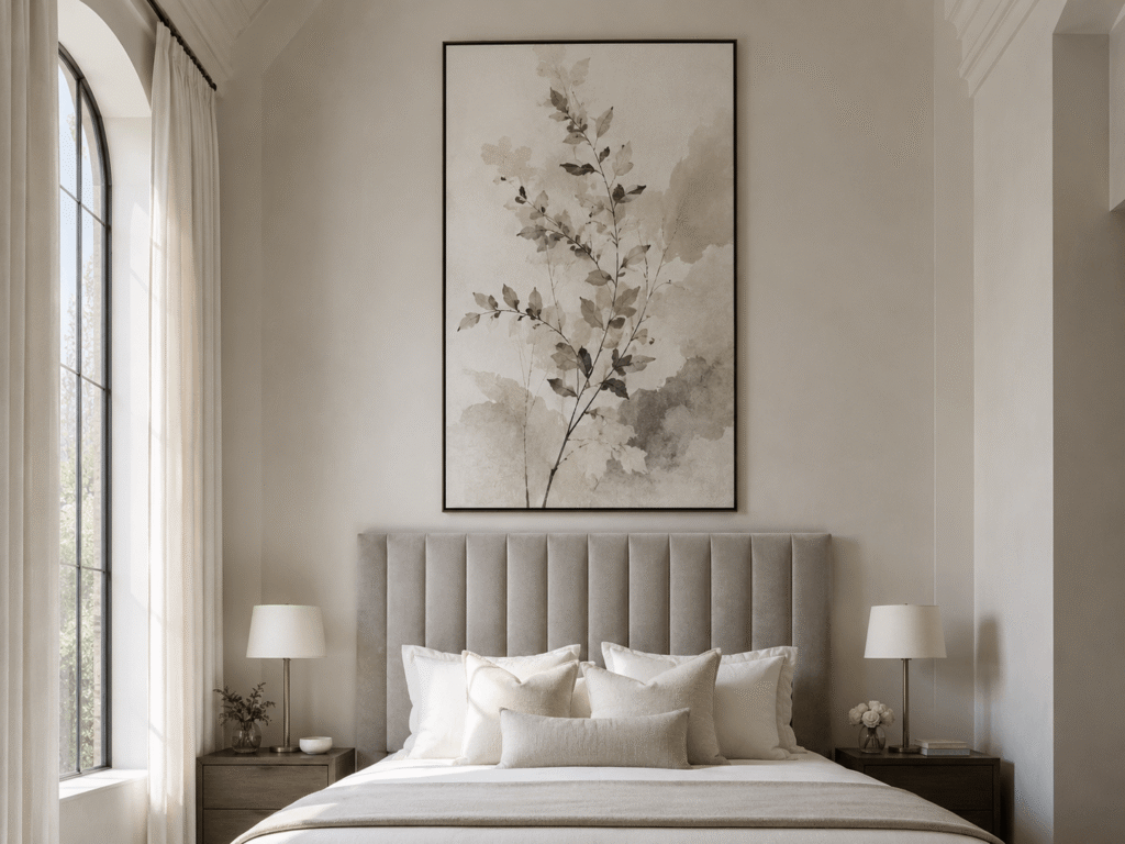 A bedroom with a tall upholstered headboard and large framed artwork hung above the bed to draw the eye upward and make the ceiling feel higher